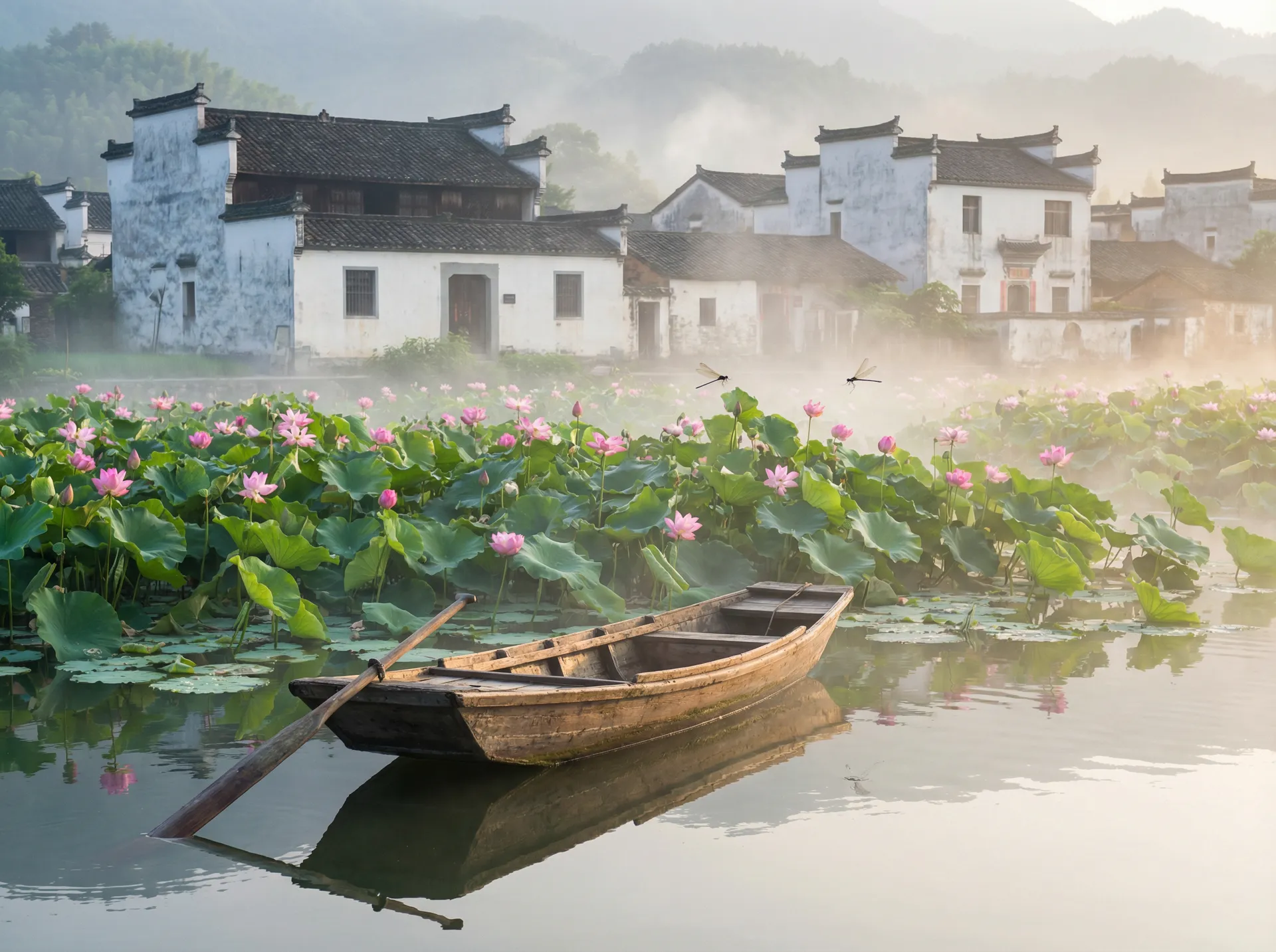 清晨荷塘小舟，粉色荷花盛开，白墙黑瓦的村庄 - 沙风暴 水乡风情